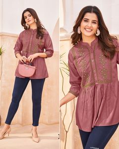 Haut court Western pour dames filles rayonne mélange broderie travail imprimé dernier motif tunique hauts prêt à porter pour l'exportation - Product Image 3