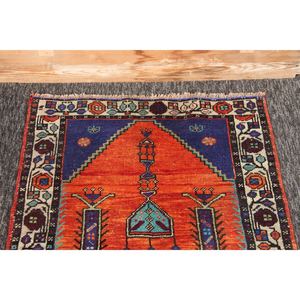 Alfombra Turca Vintage de 2.4x3.9 pies (73x118 cm), Alfombra Geométrica Herki Naranja y Azul - Product Image 2