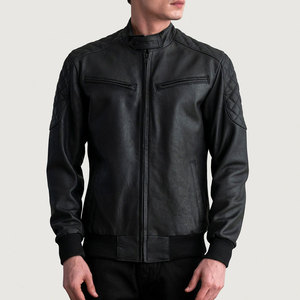 Veste en cuir pour homme, coupe motard, coupe-vent, avec fermeture éclair, couleur unie élégante, tenue tendance, logo sur le devant, veste pour homme - Product Image 4