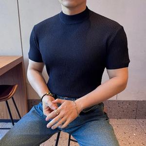 T-shirt Slim Fit à manches courtes en soie de glace tricotée à la mode d'été pour hommes Business Causal Classic Retro T Shirt - Product Image 3