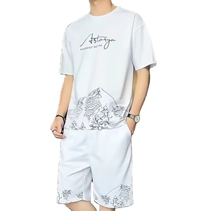 Traje deportivo de verano, Camiseta holgada estampada, pantalones cortos minimalistas de manga corta, conjunto de traje informal para hombre - Product Image 1