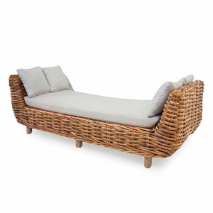 Outdoor <b>Rattan</b> Daybed Lounge <b>Sofa</b> Mahogany Wood Frame Cl <b>Rattan</b> Natural Daphnie Cream Cushion Chaise Lounge Setup Art Design - Product Image 1