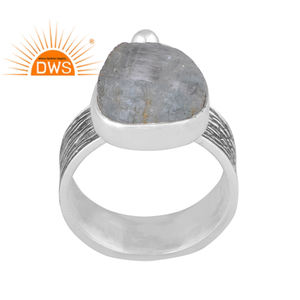 Anillo de banda de piedras preciosas aguamarina rugosa Natural de plata esterlina oxidada de Venta caliente Fabricante de joyería personalizada - Product Image 1