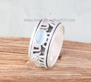 Aquamarine <b>Copper</b> Turquoise Sterling Silver Geometric Vintage Engagement Worry Ring for Unisex Wedding Anniversary & Party - Product Image 3