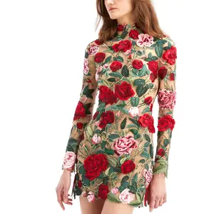 Alta costura floral bordado coquetel vestido tecido