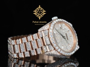 Montre-bracelet unisexe à mouvement mécanique automatique de 41 mm, cadran analogique, affichage de la date et du jour, entièrement sertie de pierres, acier inoxydable, verre - Product Image 4