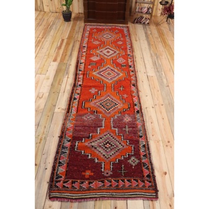 Turkish Herki <b>Runner</b> Rug 3.2x12.5 ft (99x380 cm), Vintage <b>Red</b> Oriental Wool Rug - Product Image 1