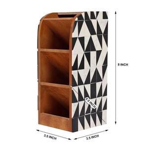 Organisateur de bureau en plastique en bois noir blanc motif carré incliné porte-stylo décoratif porte-stylo poli par artisanat en croissant - Product Image 3