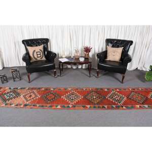 Bold Orange and <b>Navy</b> <b>Blue</b> Vintage Turkish Kilim <b>Rug</b> 2.5 X 12.5ft Flat Weave Jute <b>Rug</b> with Patchwork Pattern for Teens - Product Image 2