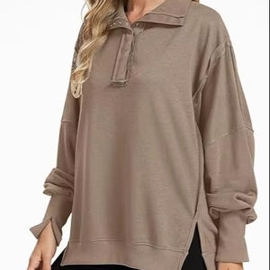 เสื้อสเวตเตอร์โอเวอร์ไซส์สำหรับผู้หญิงเสื้อสวมหัวคอ Henley ติดกระดุมทันสมัยเสื้อผ้าลำลองสำหรับฤดูใบไม้ร่วง XS-XL 2025ออกแบบได้ตามต้องการ - Product Image 1