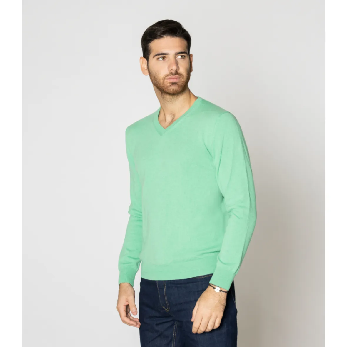 Top quality ECO knitwear 100% cashmere long sleeves V neck men's sweaters regular green