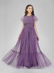 Robe de soirée élégante Aline, longueur au sol, ornée de perles, de sequins et de fleurs, robe de bal, robes de cocktail, violet - Product Image 3