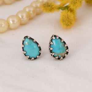 Handmade Kingman Turquoise Sterling <b>Silver</b> <b>Stud</b> <b>Earrings</b> Boho Tribal Jewelry - Product Image 6