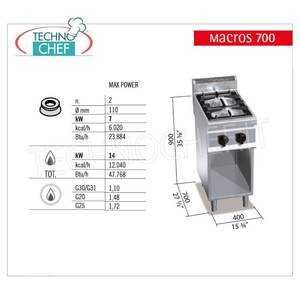 Cuisinière à gaz 2 brûleurs sur meuble ouvert, 14,00 kW - Product Image 2