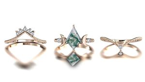 Antique Art Deco Moss Agate 925 <b>Silver</b> Wedding <b>Ring</b> <b>Set</b> Vintage Moon Design Prong Setting Engagement <b>Ring</b> Classic Bridal Jewelry - Product Image 4