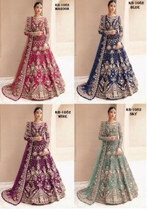 Anarkali Salwar non cousu en soie Georgette et tissu filet papillon lourd, richement orné de diamants multicolores, avec image réelle très demandée - Product Image 6