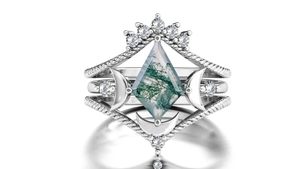 Antique Art Deco Moss Agate 925 <b>Silver</b> Wedding <b>Ring</b> <b>Set</b> Vintage Moon Design Prong Setting Engagement <b>Ring</b> Classic Bridal Jewelry - Product Image 2