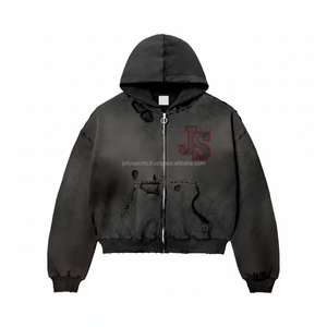 Luxe 380 GSM Coton Polyester Mélange Zipper Hoodie Look Vintage Noir Logo Brodé Personnalisé Streetwear Basics Zipper Hoodie - Product Image 1