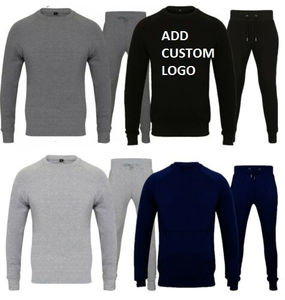 Wholesale Men's 100% Cotton Sweatsuits Solid Blank <b>Crewneck</b> Hoodie and Sweatpants OEM Training Jogging Wear Sets - Product Image 4