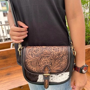 Best Seller Hand <b>Tooled</b> Hair on Genuine <b>Leather</b> Women Crossbody Bag for Women's Black Floral Custom Cowhide Luxury Western Purse - Product Image 2