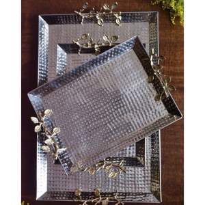 Plateau rectangulaire de luxe en acier inoxydable martelé de qualité avec poignée en feuille, parfait pour servir des collations et des bonbons au prix le plus bas - Product Image 2