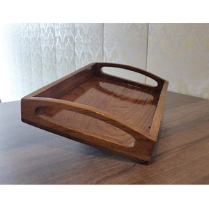 Bandeja de servir de madera de acacia natural hecha a mano, bandeja de MDF decorativa para desayuno, té y café, en oferta. - Product Image 1