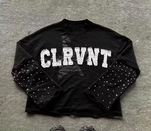 Sweat-shirt personnalisé Rhinestone Distressed T-shirt unisexe oversize à manches longues double couche brodé et respirant - Product Image 1