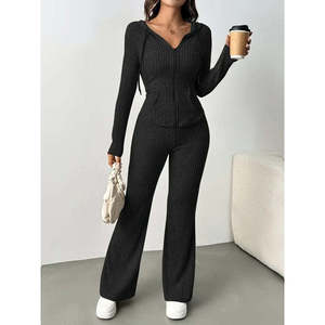 Conjunto de Dos Piezas de Blusa y Pantalón con Cierre Frontal y Mangas Largas para Mujer, 28787 - Negro - Product Image 2