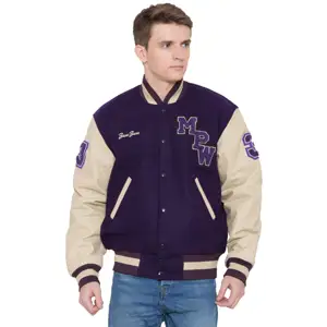 100% Cashmere Wool Body and Genuine Cowhide Leather Sleeves Dark Purple & Cream Letterman Jacket