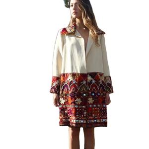 Women's <b>Long</b> Sleeve <b>Winter</b> Jacket Hand Embroidered Knee Length Party Wear with Patterns Decoration Woven Cloth Fabric - Product Image 1