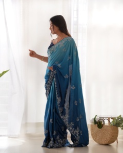 ผ้าซาตินปักลายสำหรับงานแต่งงานชุดส่าหรีอินเดีย - Product Image 3