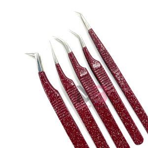 Kit de pinzas para pestañas de acero inoxidable de alta calidad al por mayor, antimagnético agarre perfecto, embalaje de logotipo personalizado, purpurina roja y blanca - Product Image 3
