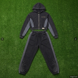 Custom Women Black <b>Cropped</b> Zip Up Hoodie Wide Leg <b>Jogger</b> Set Cotton Fleece Rhinestone Streetwear Tracksuit OEM - Product Image 6