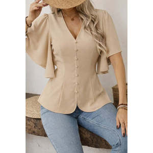 Blusa de Crepé Importada con Botones Delanteros y Manga Corta para Mujer, 37537 - Beige - Product Image 1