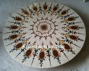 Top Class <b>Round</b> Shape Standard Quality Handmade <b>White</b> Marble Inlay Work Coffee & Tea <b>Table</b> Top Use for Home Hotel and Restaurant - Product Image 1