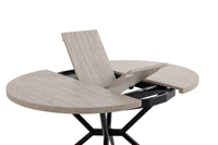 Table à manger extensible moderne ronde à ovale, pieds en métal en X, plateau en panneau de particules texture pierre, 6 places, gain de place, pour entrée d'hôtel