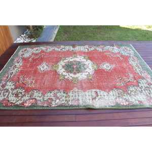 พรมตุรกีขนาด 6x8.6 ฟุต สีแดงเขียวลายจุด ทำจากขนสัตว์ วินเทจ - Product Image 3