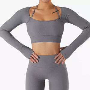Las mejores llegadas Conjuntos de fitness para gimnasio para mujer Mallas de entrenamiento de manga corta Yoga Top Transpirable 80% Nylon/20% Spandex sin costuras - Product Image 6