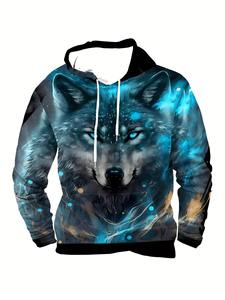Sweat à capuche pour homme avec motif de loup, broderie 3D, 100% coton, streetwear, poche avant, design - Product Image 2