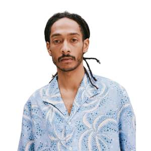 Palm Fronds Blue <b>Shirt</b> and Shorts Set in Tencel Vintage Print Single-Piece Collar Perfect for Summer <b>Beach</b> Pool or Casual Days - Product Image 2