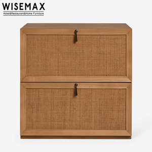 WISEMAX FURNITURE Retro Bedroom Solid Wood <strong>Rattan</strong> 2 Drawers Storage Cabinet Nightstand <strong>Bedside</strong> <strong>Table</strong> for Hotel Home Villa - Product Image 3