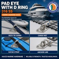 Anneau en D en acier inoxydable 316 avec base diamantée de 100 mm (4 pouces) pour bateau, yacht, quincaillerie marine