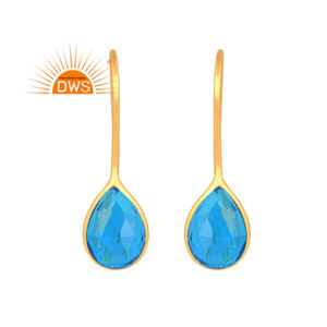 Boucles d'oreilles pendantes en argent sterling plaqué or, doublet de topaze bleue suisse, pierre précieuse, demi-bijoux, fabricant - Product Image 1