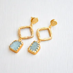 Amazonite handmade earrings Long drop geometric statement earring Fashion jewelry supplier and wholesaler gold plated jewellery