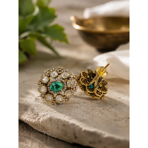Antique <b>Emerald</b> Polki <b>Stud</b> <b>Earrings</b> in Rose White Yellow Gold with Diamond and Ruby - Product Image 3