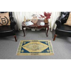 Classique bleu Beige 1.8x3.2ft tapis de laine fait main conception de Patchwork turc pour salon chambre rectangulaire couloir forme peluche Latex - Product Image 3