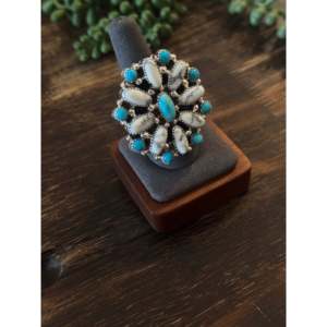 Navajo-Handmade Trendy Sterling Silver Multi-Stone <b>Adjustable</b> Cluster <b>Ring</b> Turquoise Bezel One Size Fits All Perfect Gift - Product Image 3