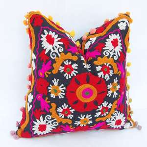 Suzani <b>Cushion</b> Decorative Embroidered <b>Covers</b> <b>Indian</b> <b>Cushion</b> Embroidered <b>Cover</b> <b>Indian</b> Handcrafted Pom Pom <b>Cushion</b> <b>Cover</b> - Product Image 3