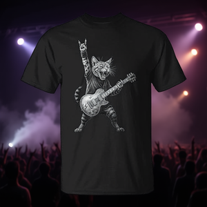 Maglietta promozionale con gatto che suona la chitarra in un gruppo rock and roll - Product Image 3
