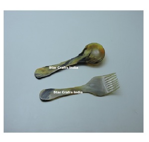 Horn and Resin Handle <b>Salad</b> Servers Set Horn <b>Spoon</b> and Fork Sets Horn Resin Aqua Swirl Used in Kitchen and Hotel - Product Image 1